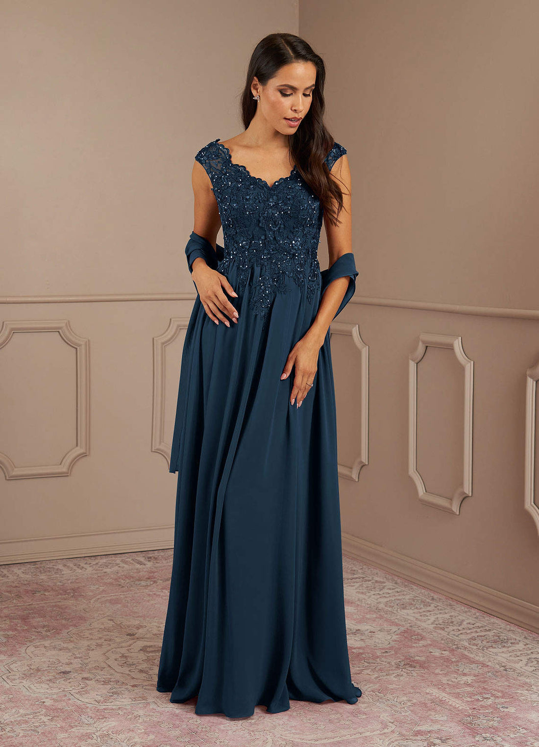 Amethyst A-Line V-Neck Chiffon Mother of the Bride Dress in Dark Navy