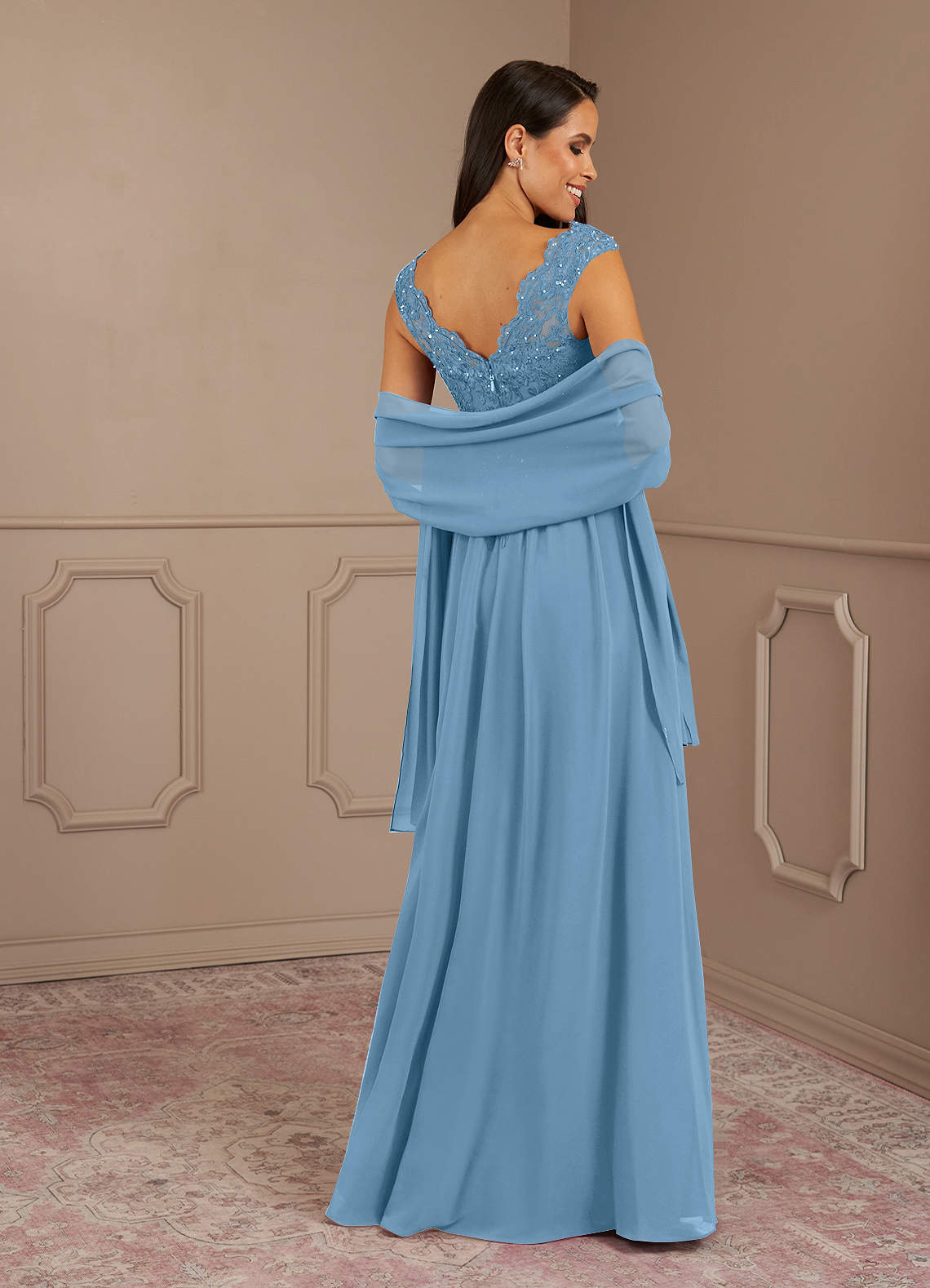 Amethyst A-Line V-Neck Chiffon Mother of the Bride Dress in Steel Blue
