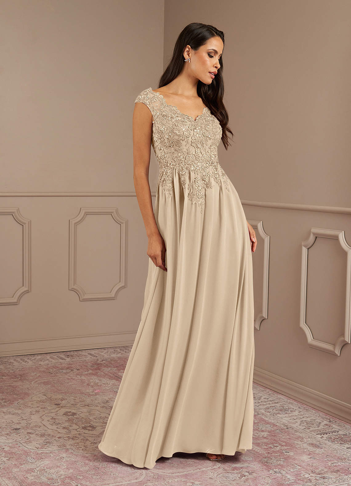 Amethyst A-Line V-Neck Chiffon Mother of the Bride Dress in taupe