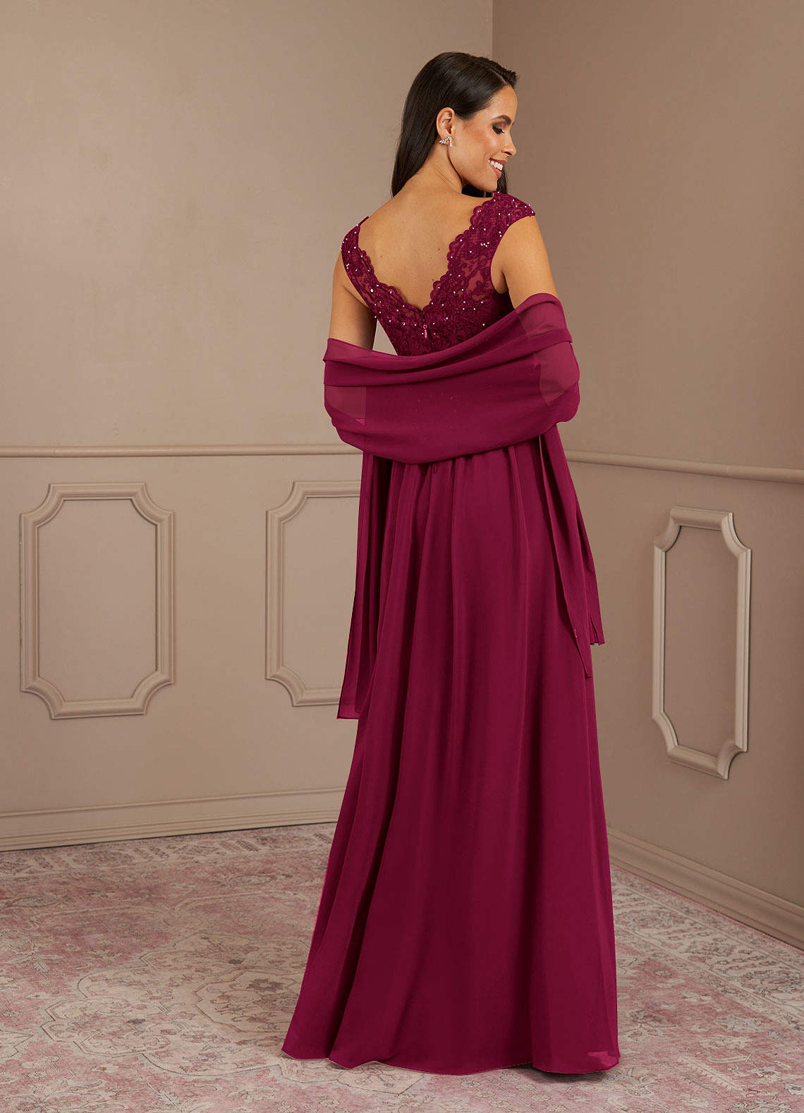 Amethyst A-Line V-Neck Chiffon Mother of the Bride Dress in Burgundy