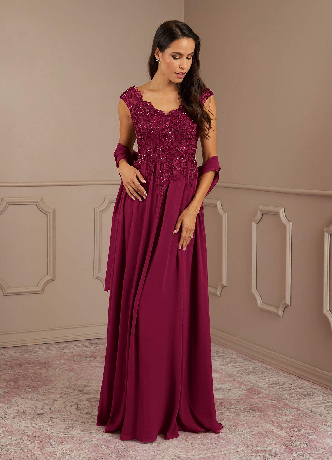 Amethyst A-Line V-Neck Chiffon Mother of the Bride Dress in Burgundy