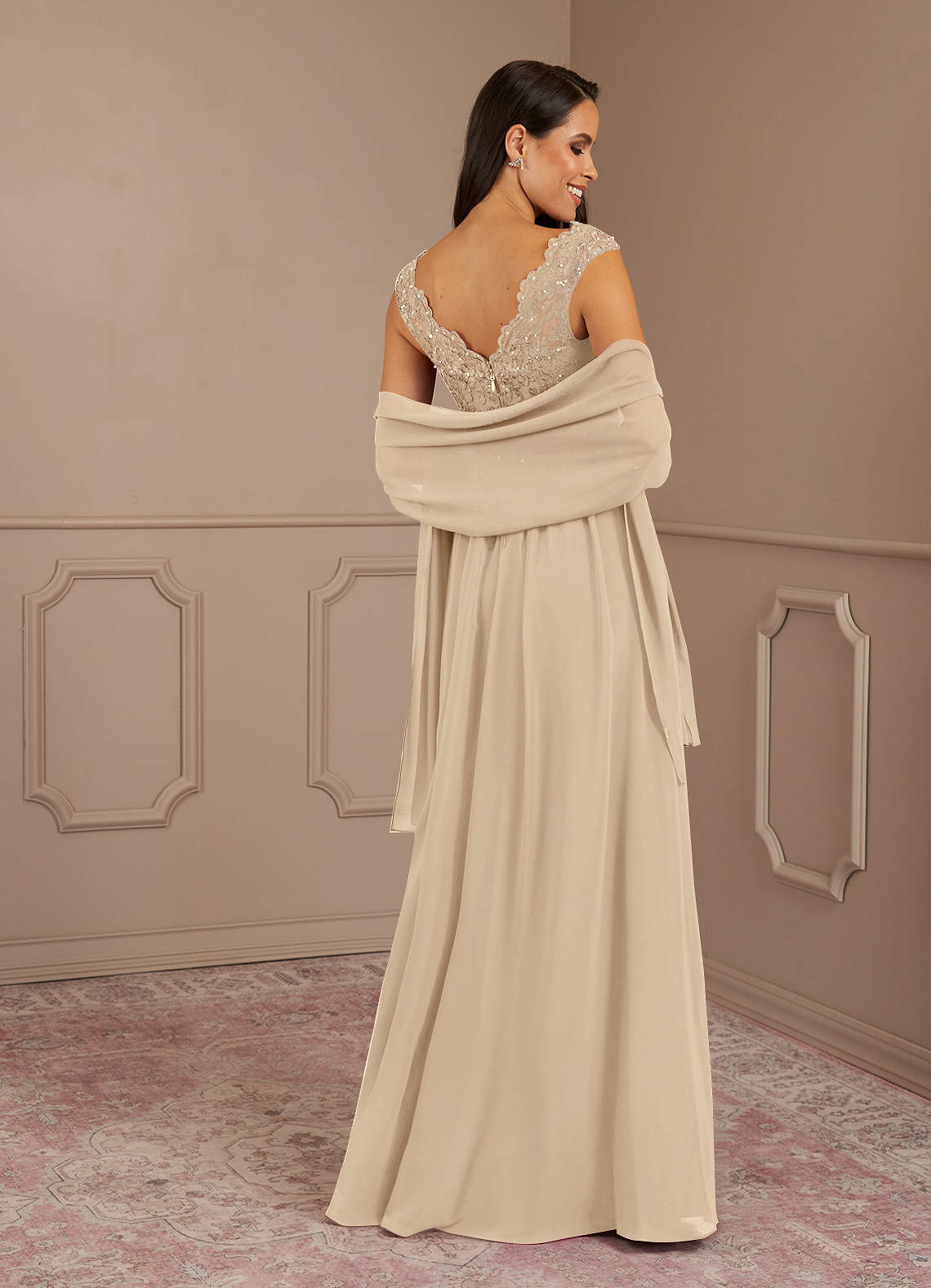 Amethyst A-Line V-Neck Chiffon Mother of the Bride Dress in taupe