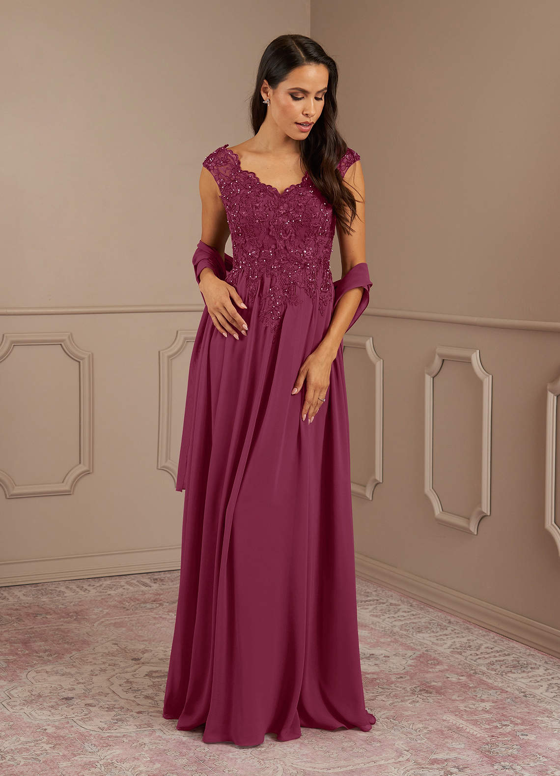 Amethyst A-Line V-Neck Chiffon Mother of the Bride Dress in Mulberry