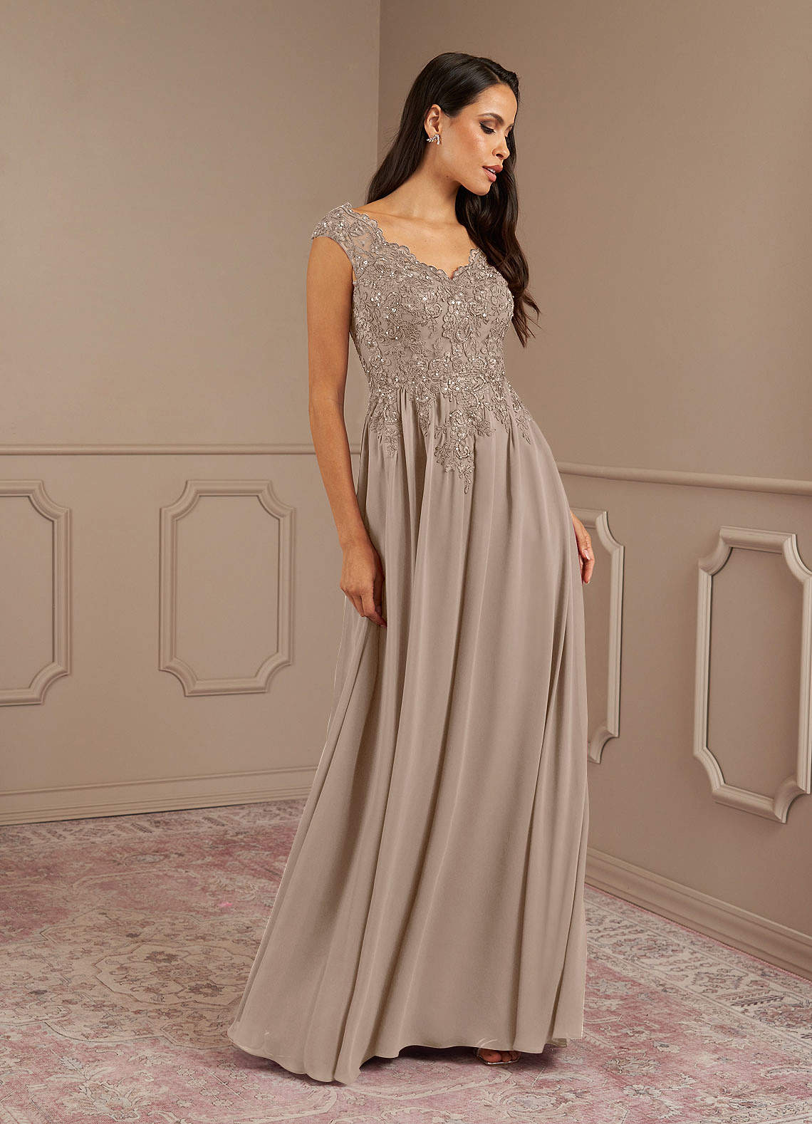 Amethyst A-Line V-Neck Chiffon Mother of the Bride Dress in Steel Grey
