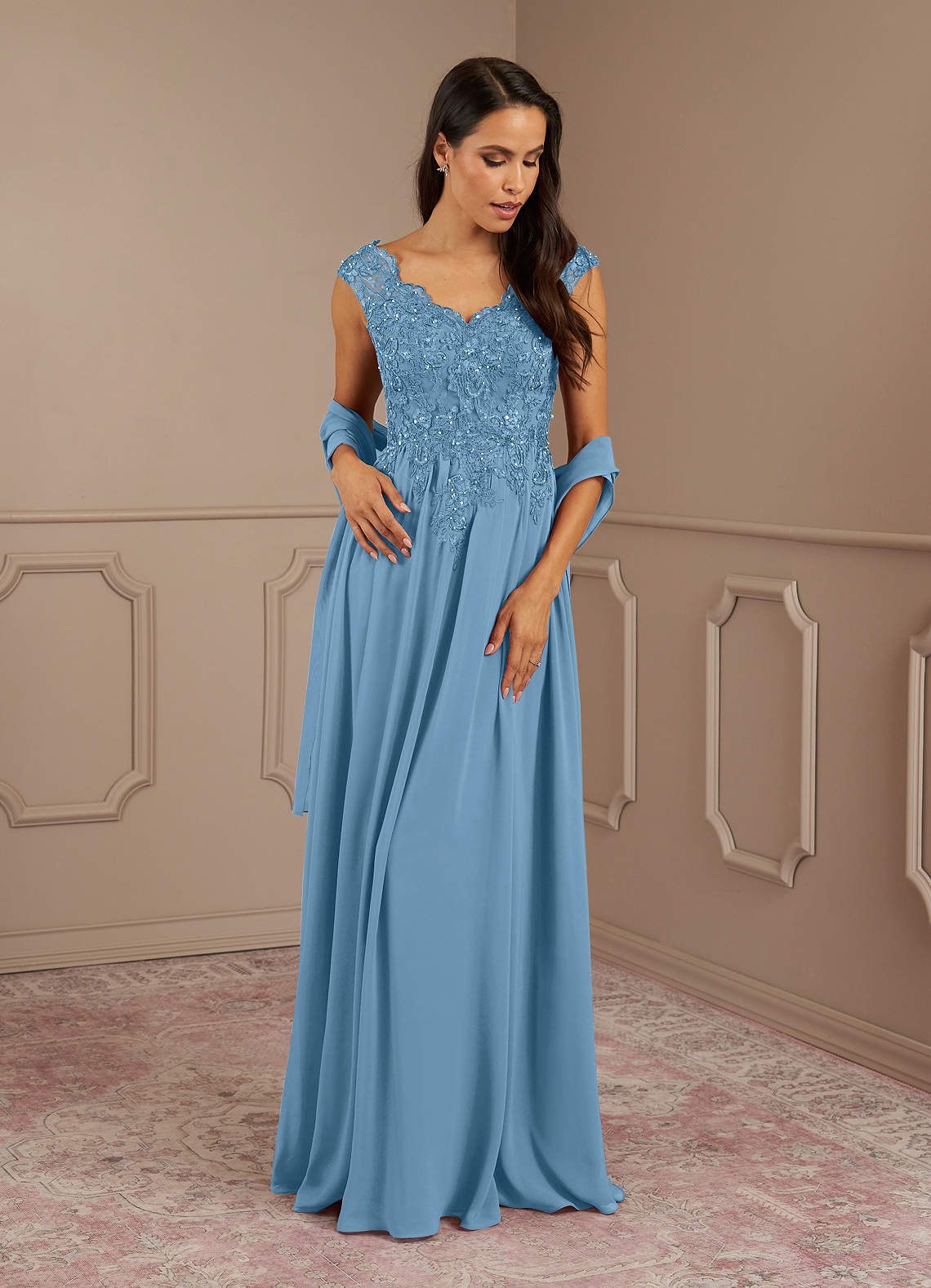 Amethyst A-Line V-Neck Chiffon Mother of the Bride Dress in Steel Blue