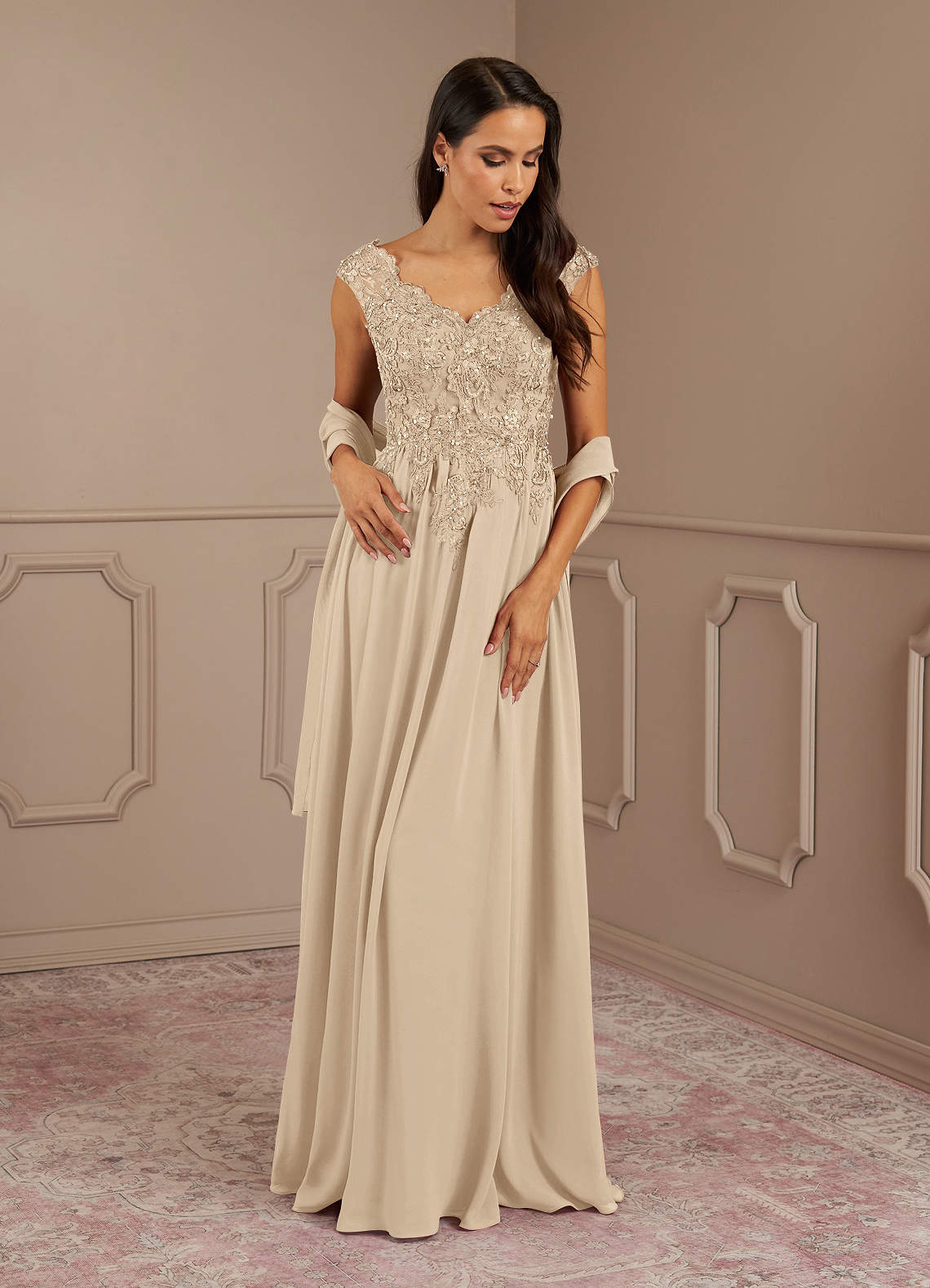 Amethyst A-Line V-Neck Chiffon Mother of the Bride Dress in taupe