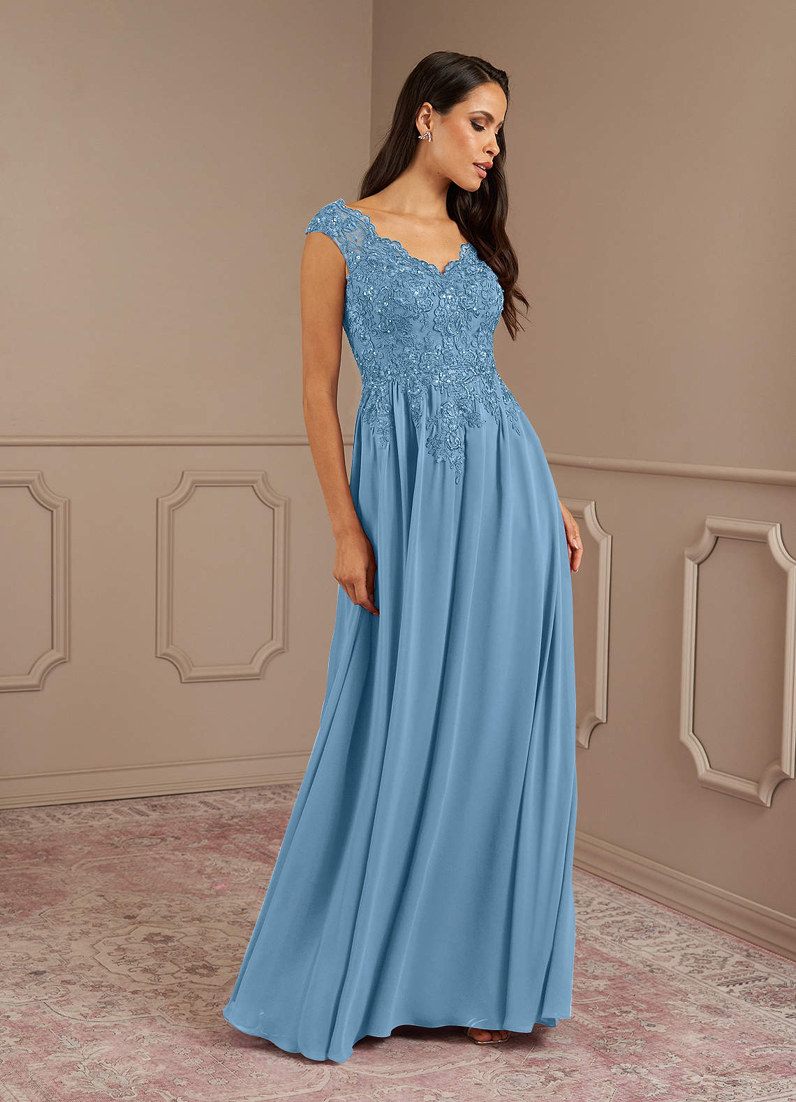 Amethyst A-Line V-Neck Chiffon Mother of the Bride Dress in Steel Blue