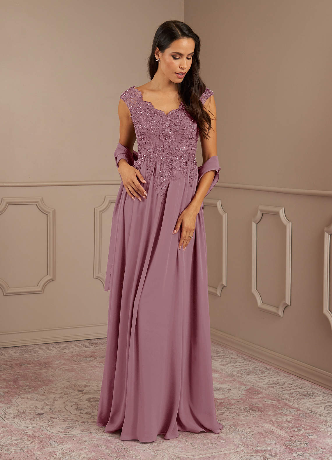 Amethyst A-Line V-Neck Chiffon Mother of the Bride Dress in Vintage Mauve