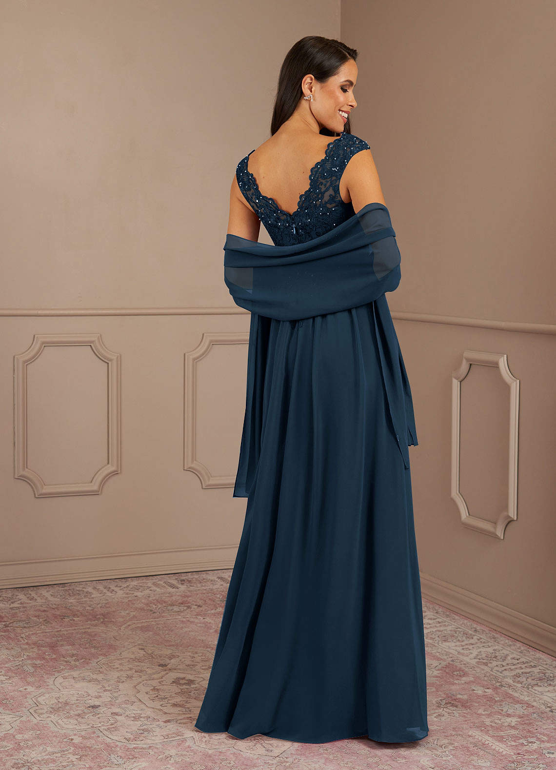 Amethyst A-Line V-Neck Chiffon Mother of the Bride Dress in Dark Navy