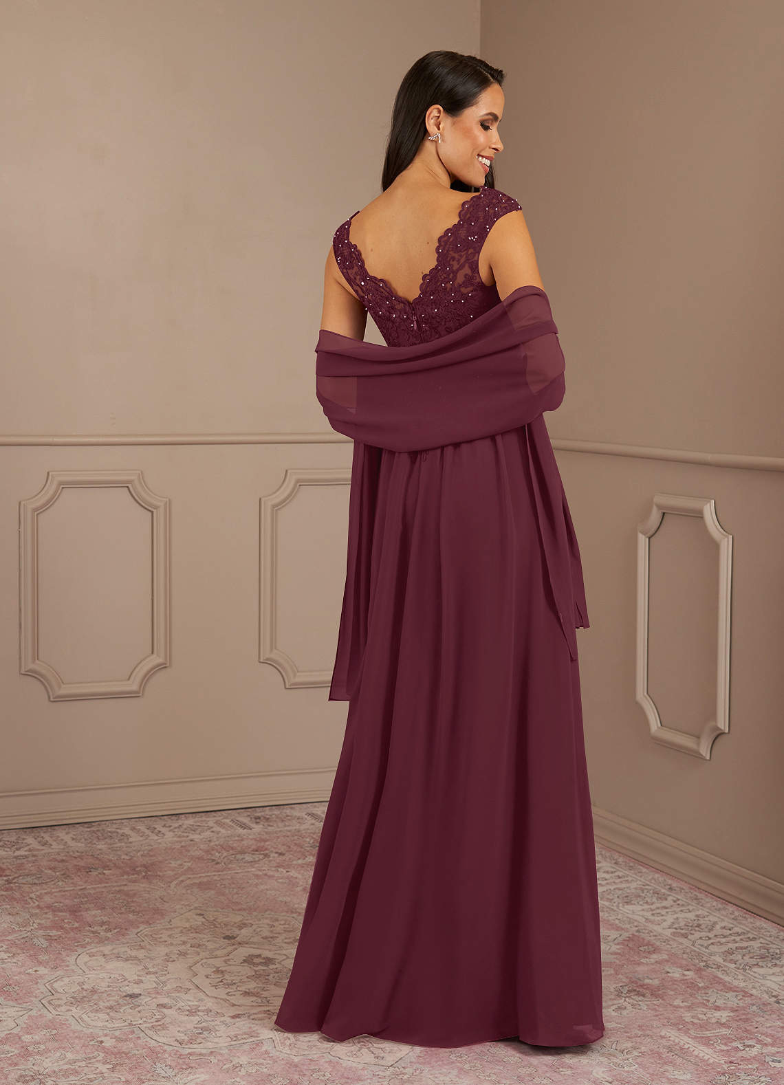 Amethyst A-Line V-Neck Chiffon Mother of the Bride Dress in Cabernet