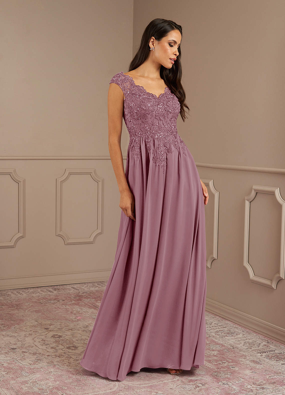 Amethyst A-Line V-Neck Chiffon Mother of the Bride Dress in Vintage Mauve