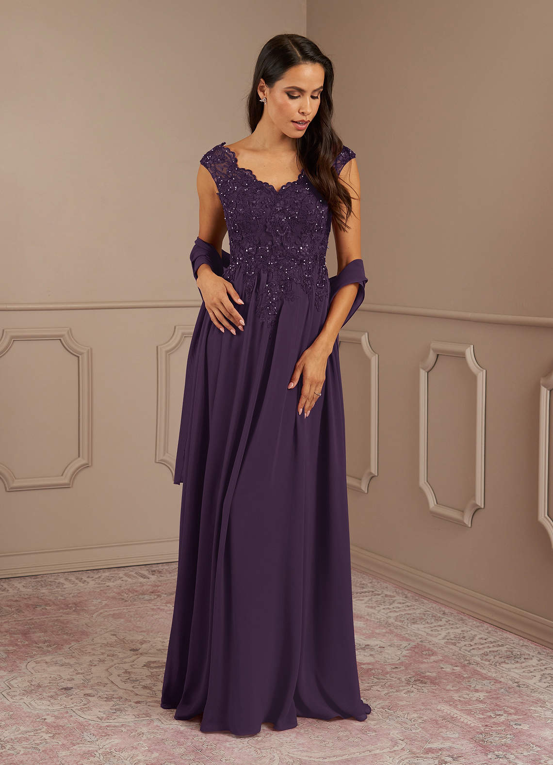 Amethyst A-Line V-Neck Chiffon Mother of the Bride Dress in Plum