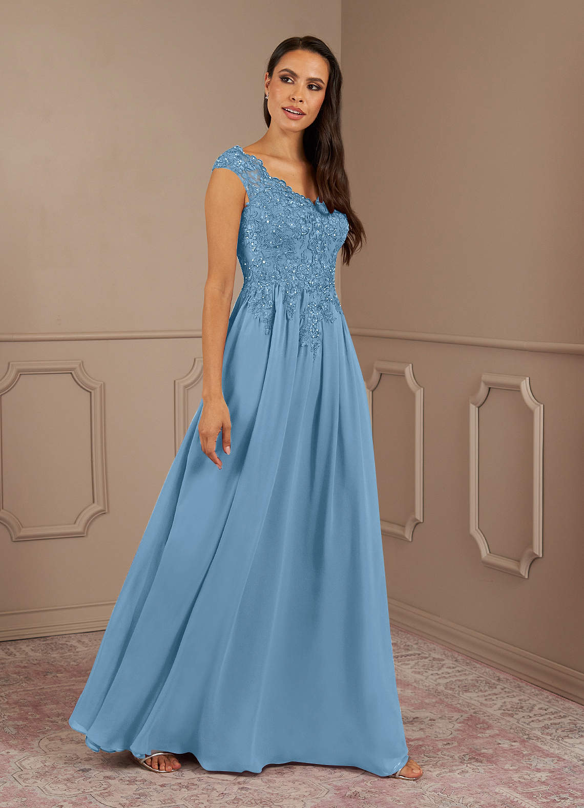 Amethyst A-Line V-Neck Chiffon Mother of the Bride Dress in Steel Blue
