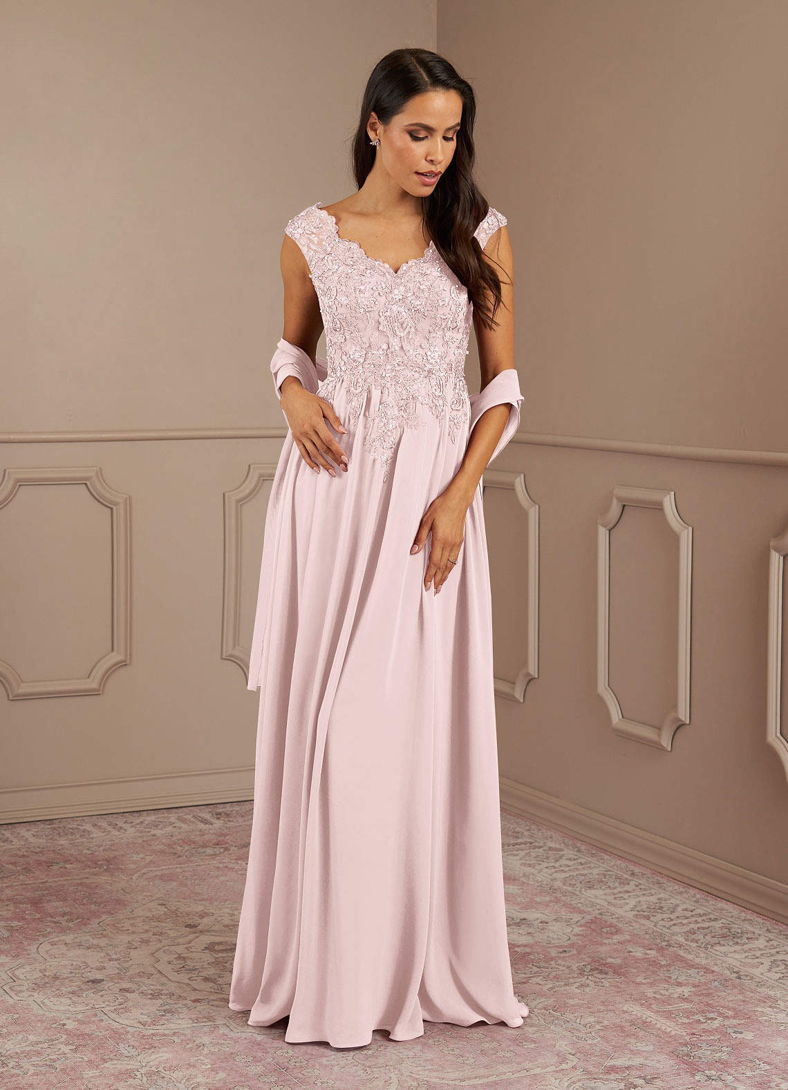 Amethyst A-Line V-Neck Chiffon Mother of the Bride Dress in Blushing Pink