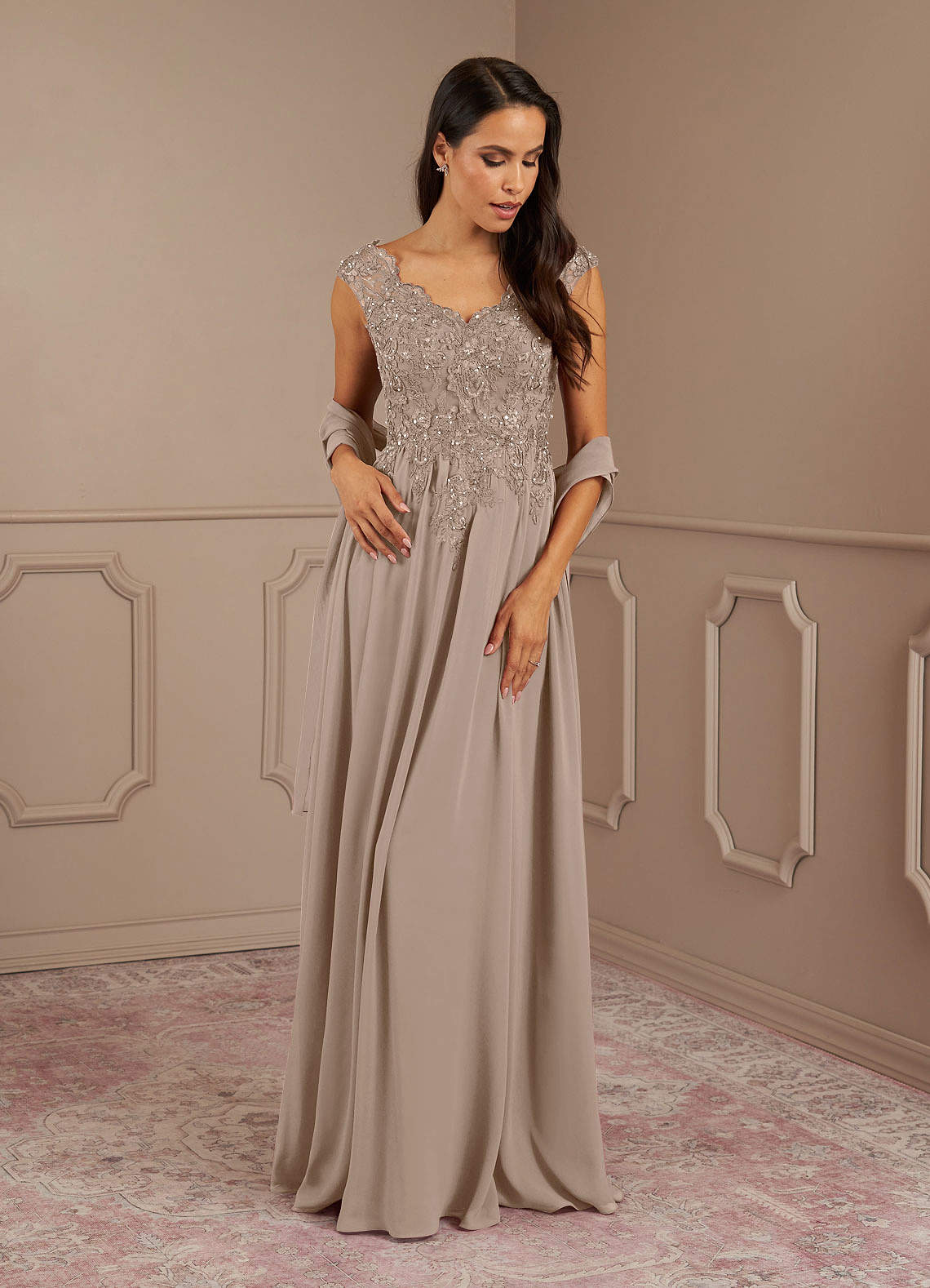 Amethyst A-Line V-Neck Chiffon Mother of the Bride Dress in Steel Grey