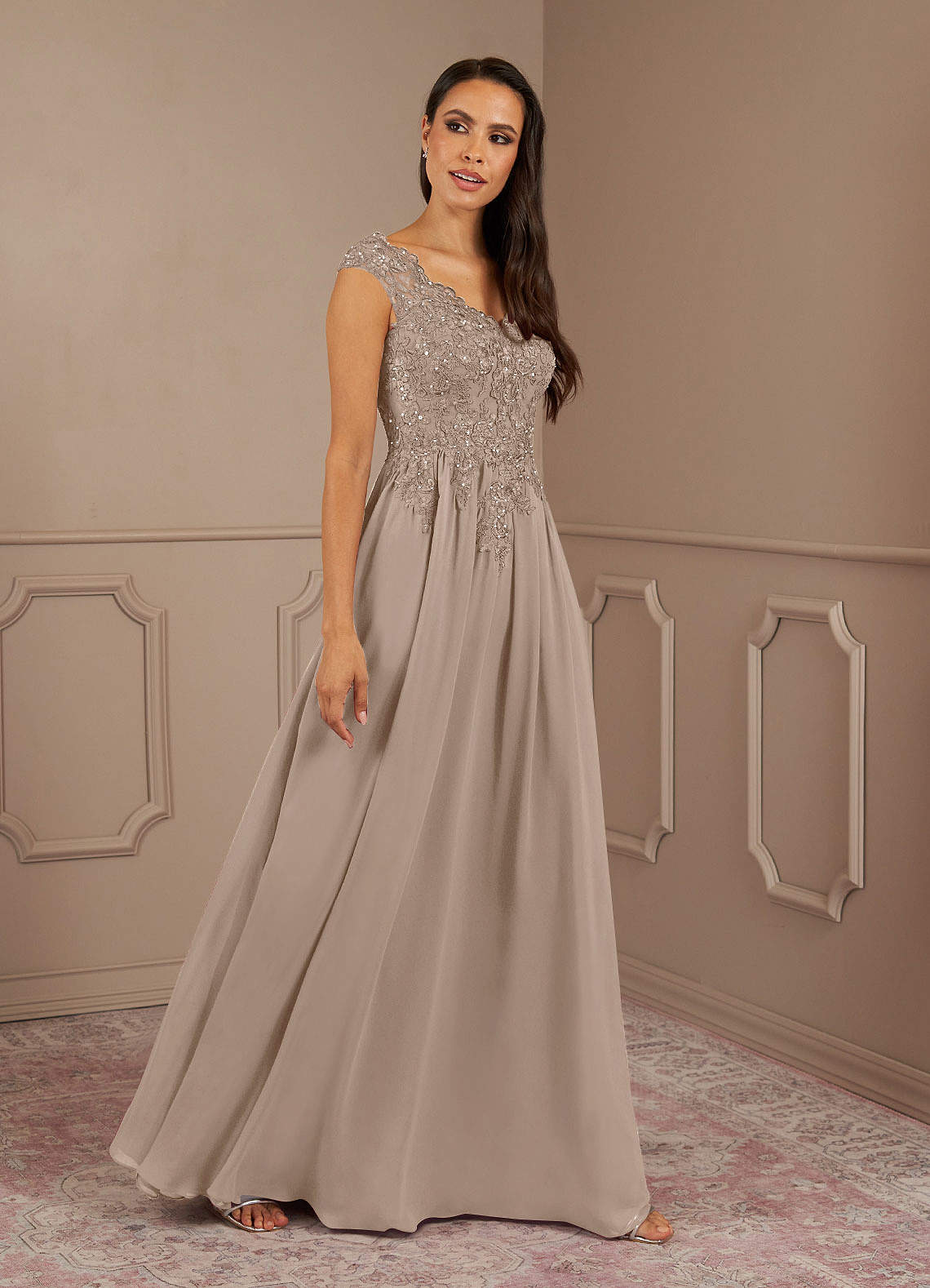 Amethyst A-Line V-Neck Chiffon Mother of the Bride Dress in Steel Grey