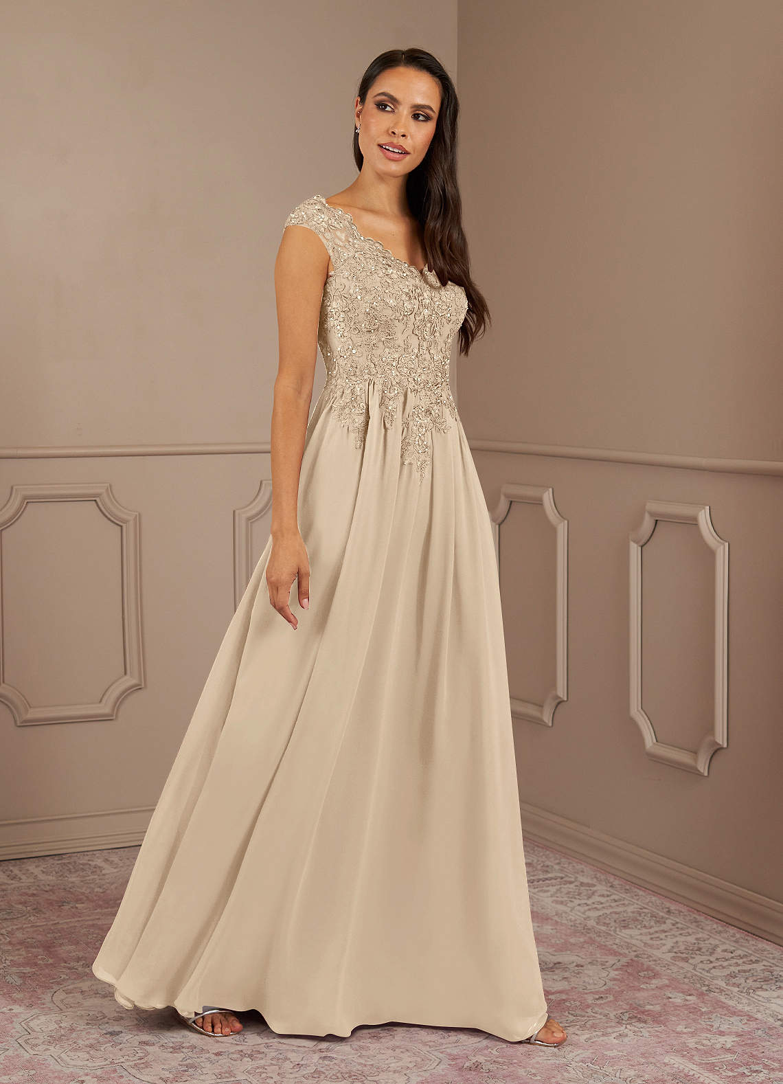 Amethyst A-Line V-Neck Chiffon Mother of the Bride Dress in taupe