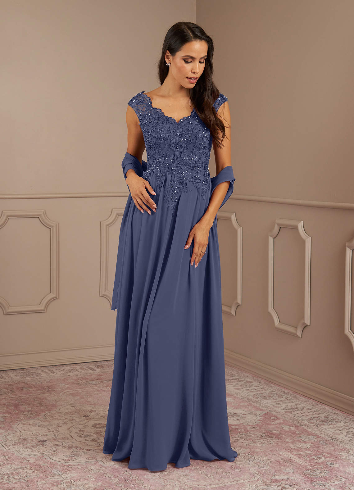 Amethyst A-Line V-Neck Chiffon Mother of the Bride Dress in Stormy