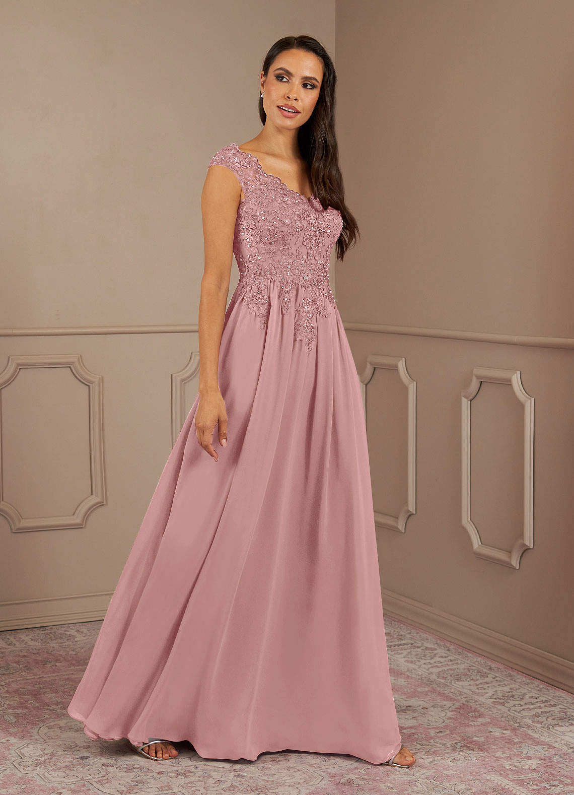 Amethyst A-Line V-Neck Chiffon Mother of the Bride Dress in Dusty Rose