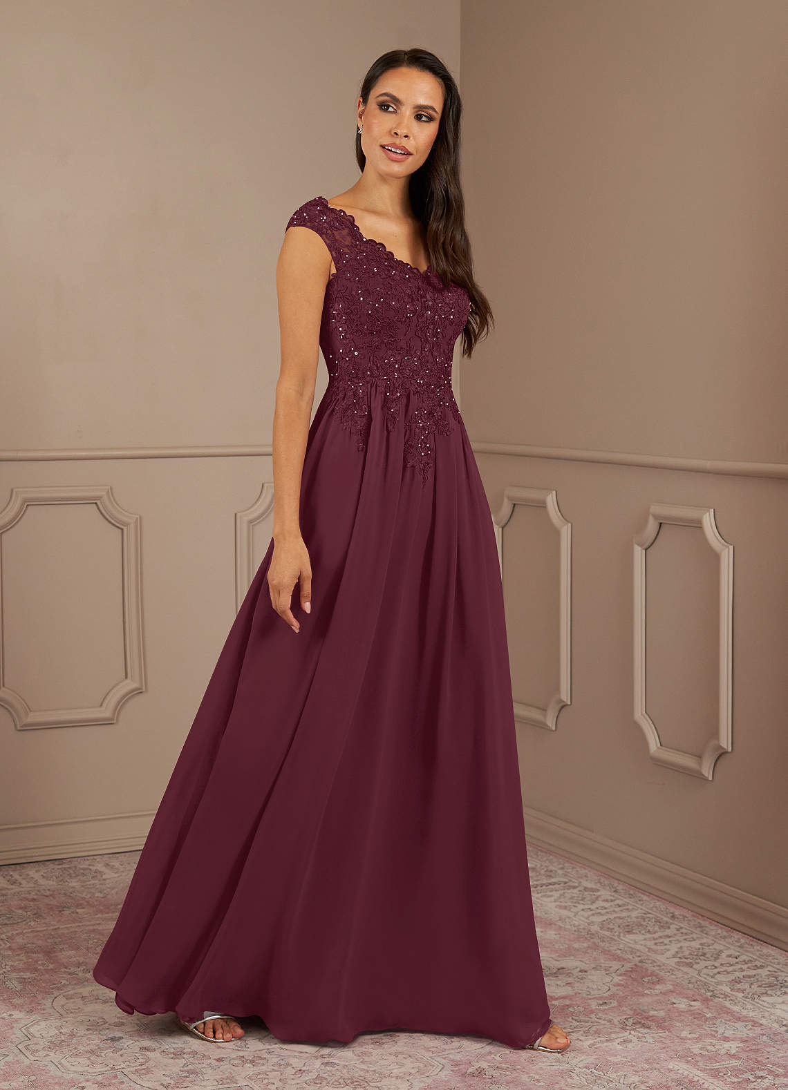 Amethyst A-Line V-Neck Chiffon Mother of the Bride Dress in Cabernet