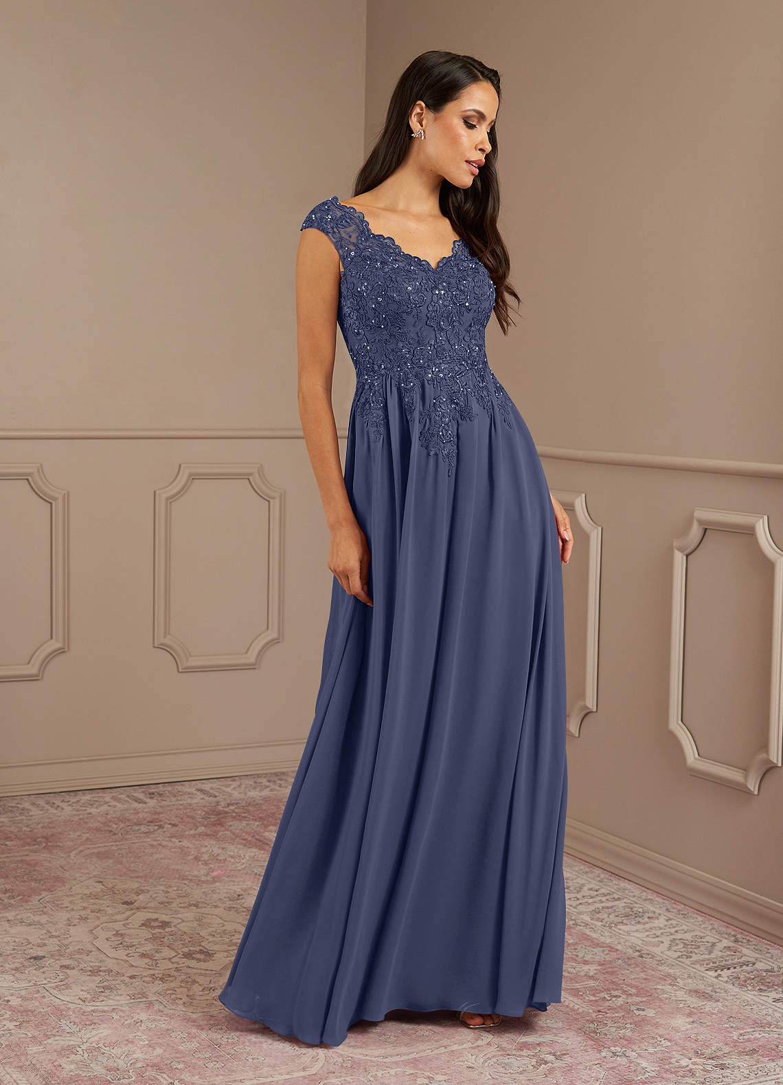 Amethyst A-Line V-Neck Chiffon Mother of the Bride Dress in Stormy
