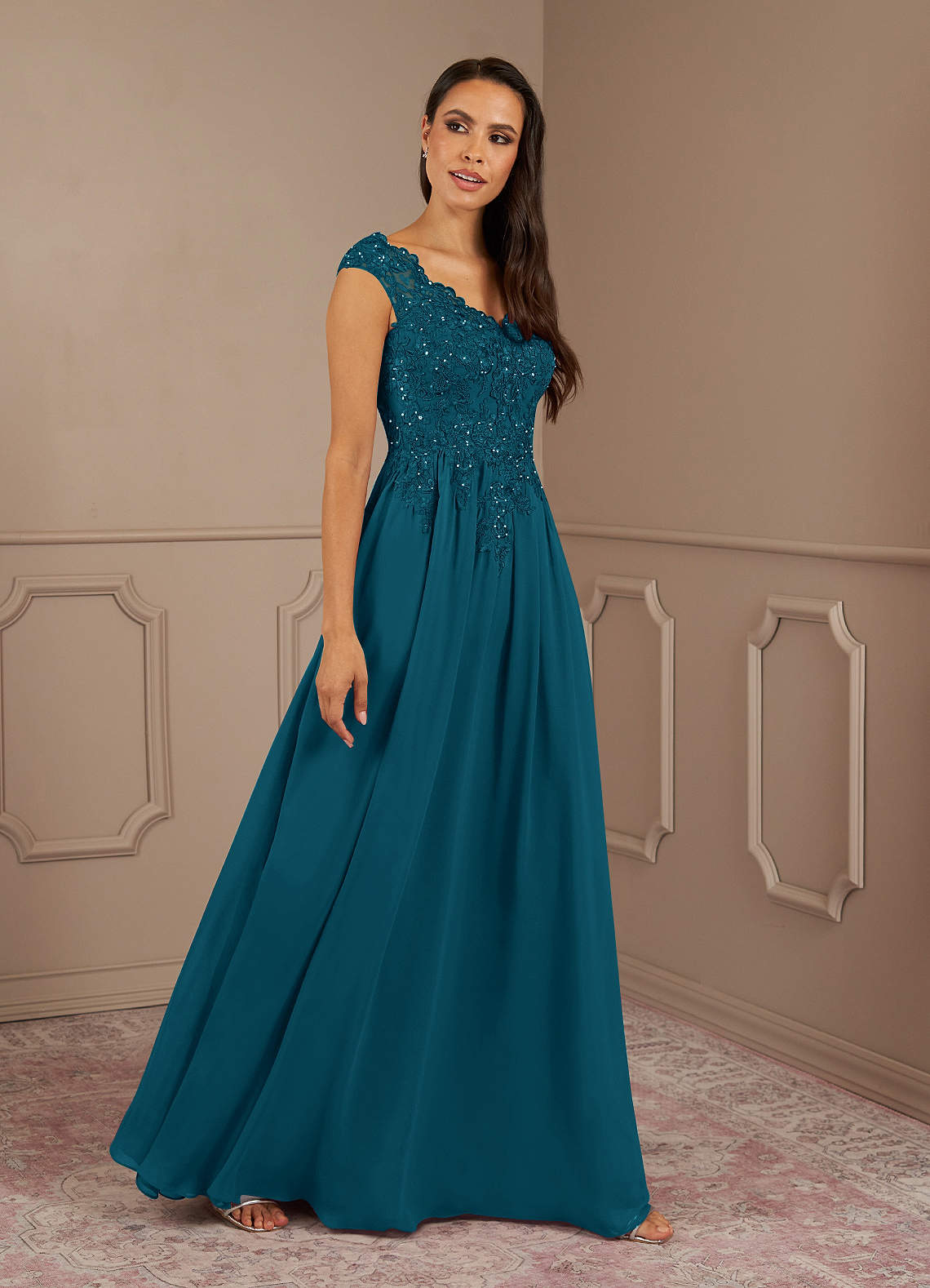 Amethyst A-Line V-Neck Chiffon Mother of the Bride Dress in Ink Blue