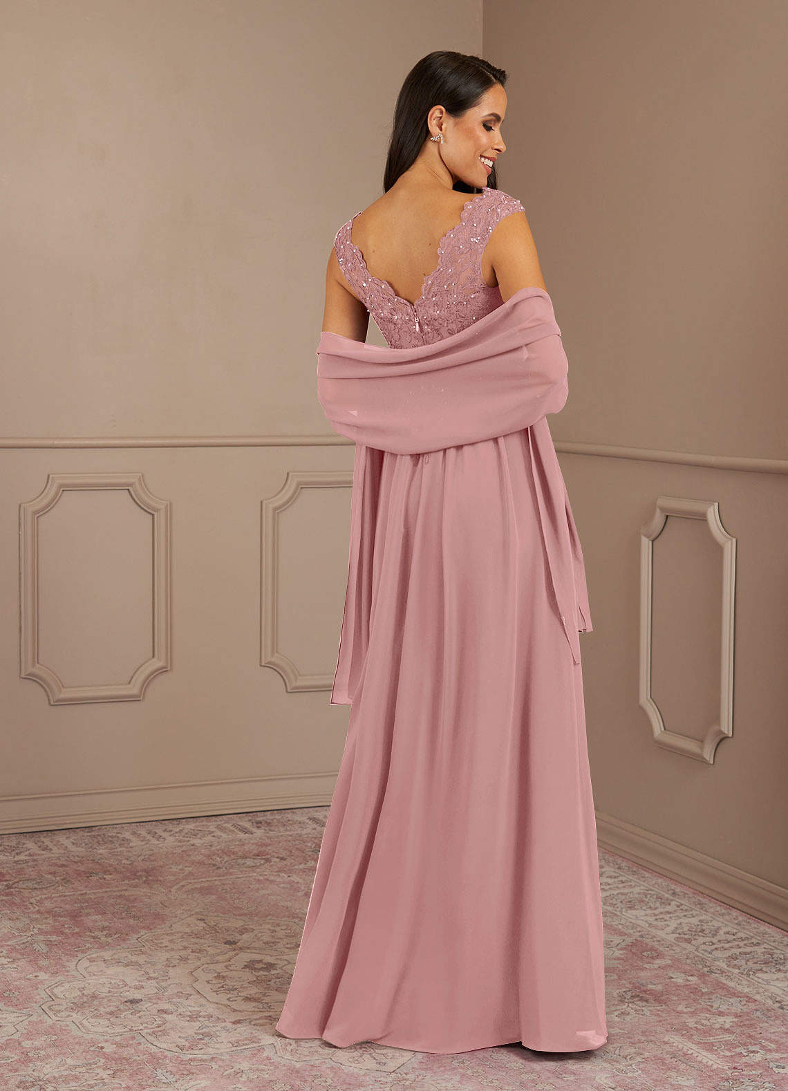 Amethyst A-Line V-Neck Chiffon Mother of the Bride Dress in Dusty Rose