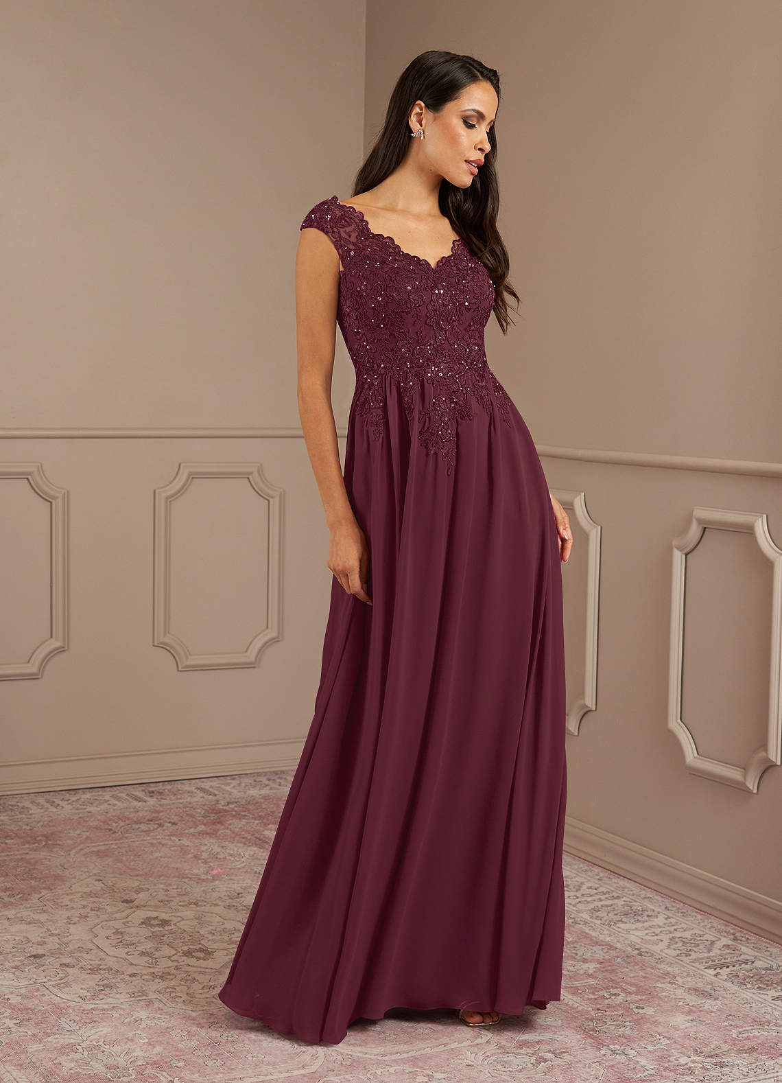 Amethyst A-Line V-Neck Chiffon Mother of the Bride Dress in Cabernet