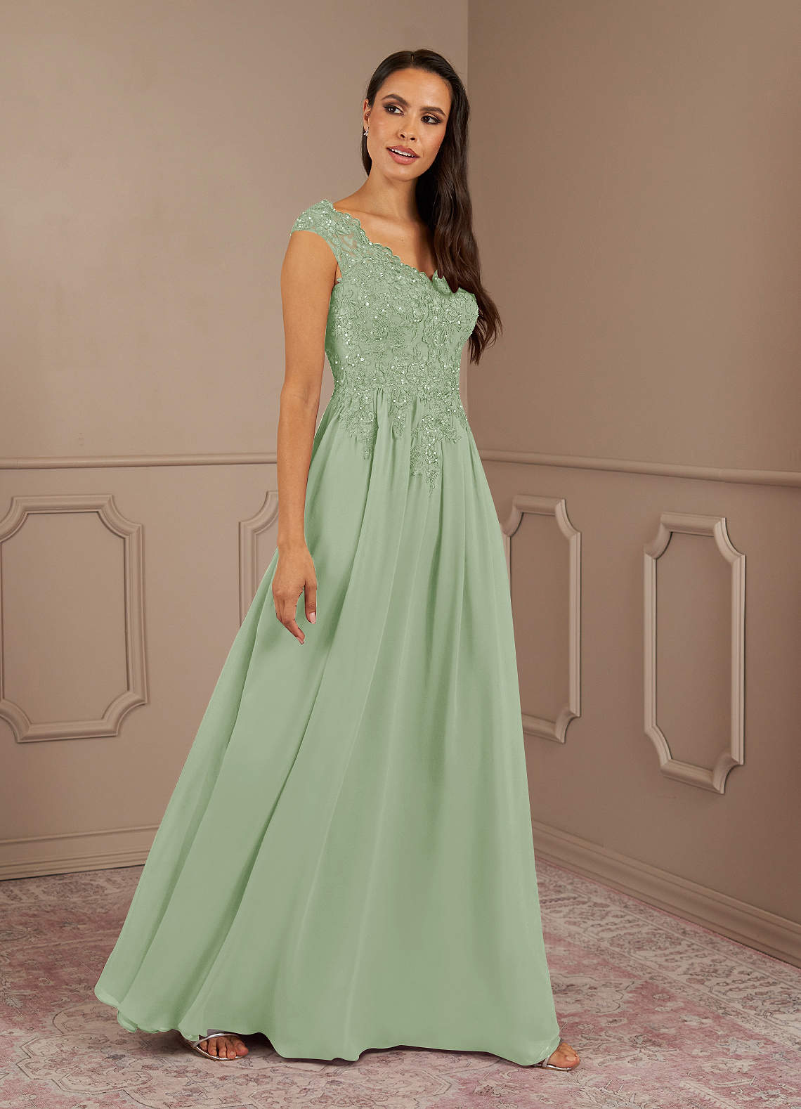 Amethyst A-Line V-Neck Chiffon Mother of the Bride Dress in Dusty Sage