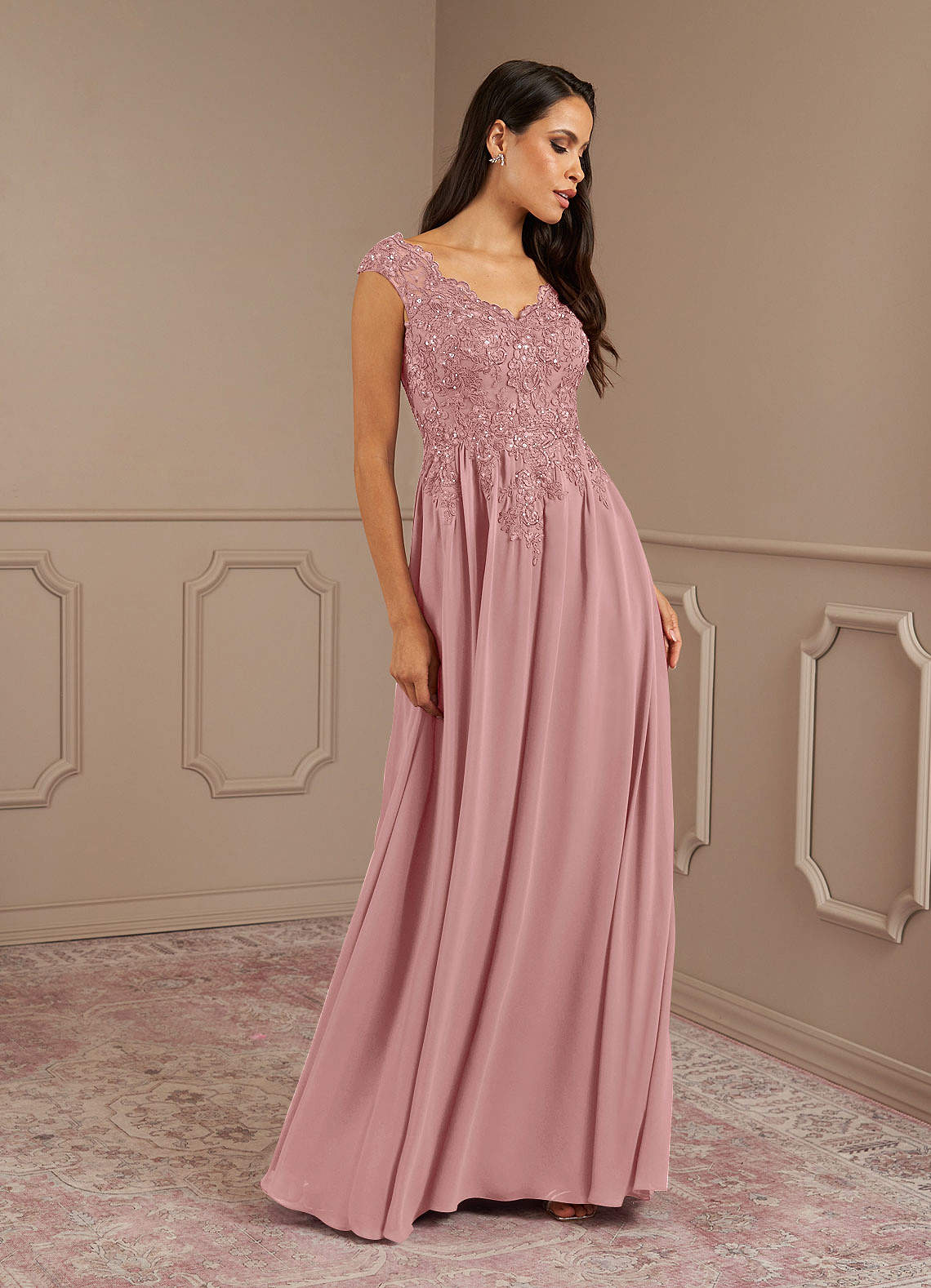 Amethyst A-Line V-Neck Chiffon Mother of the Bride Dress in Dusty Rose