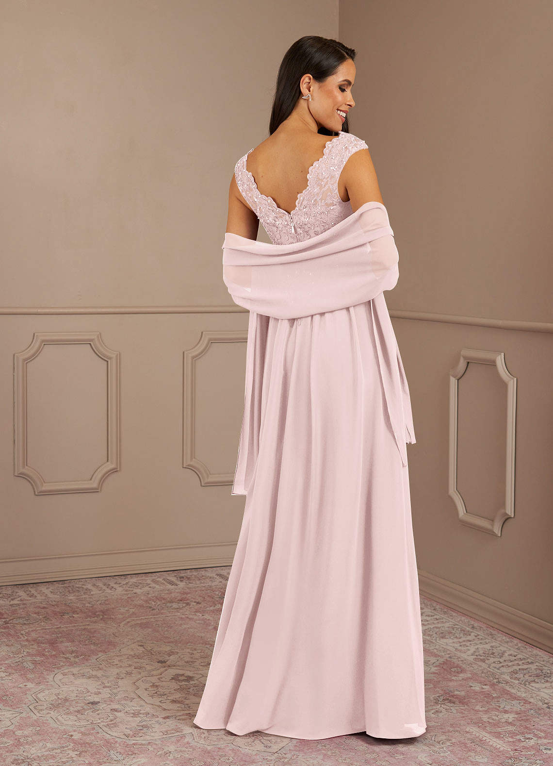 Amethyst A-Line V-Neck Chiffon Mother of the Bride Dress in Blushing Pink