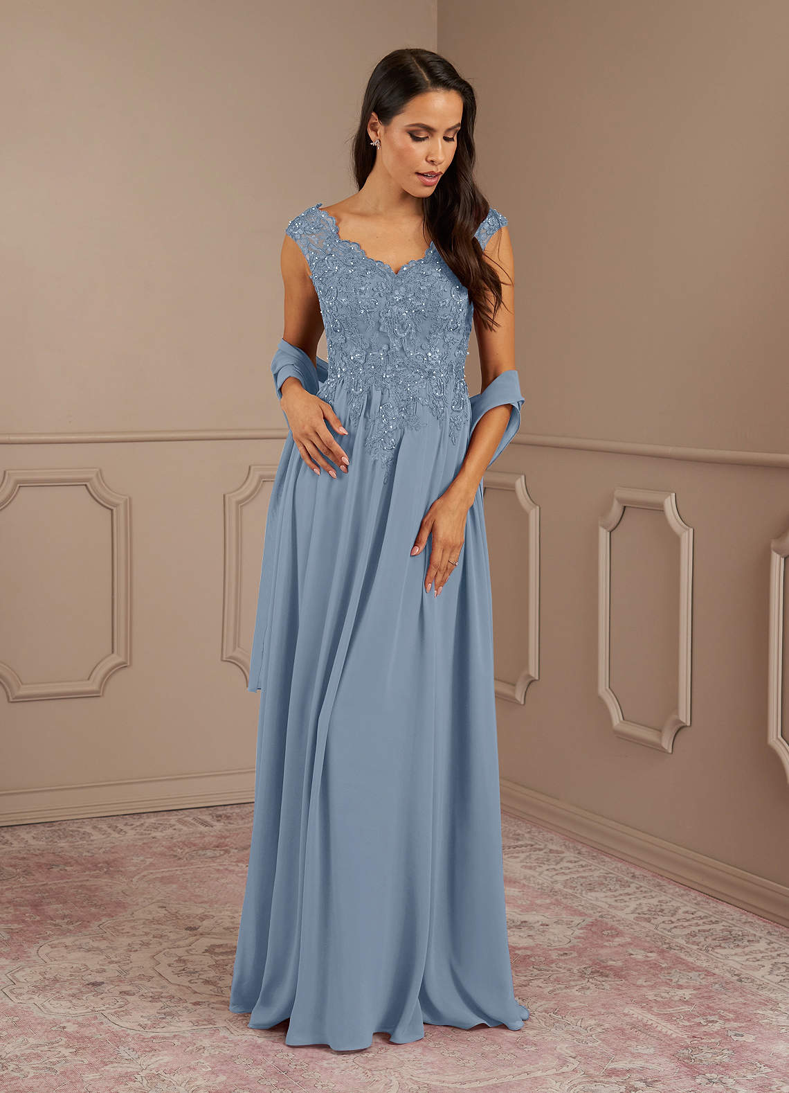 Amethyst A-Line V-Neck Chiffon Mother of the Bride Dress in dusty blue