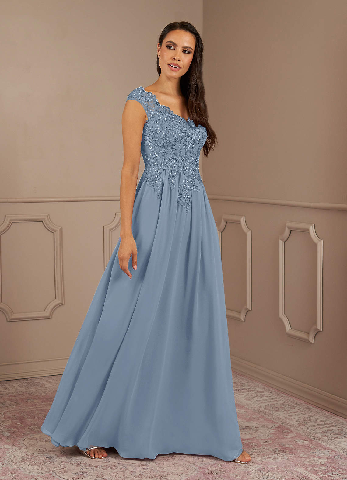 Amethyst A-Line V-Neck Chiffon Mother of the Bride Dress in dusty blue