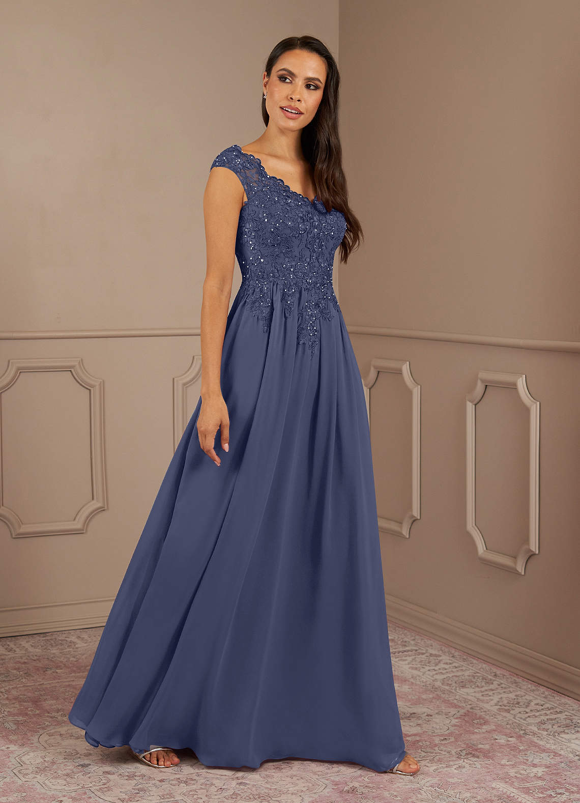 Amethyst A-Line V-Neck Chiffon Mother of the Bride Dress in Stormy