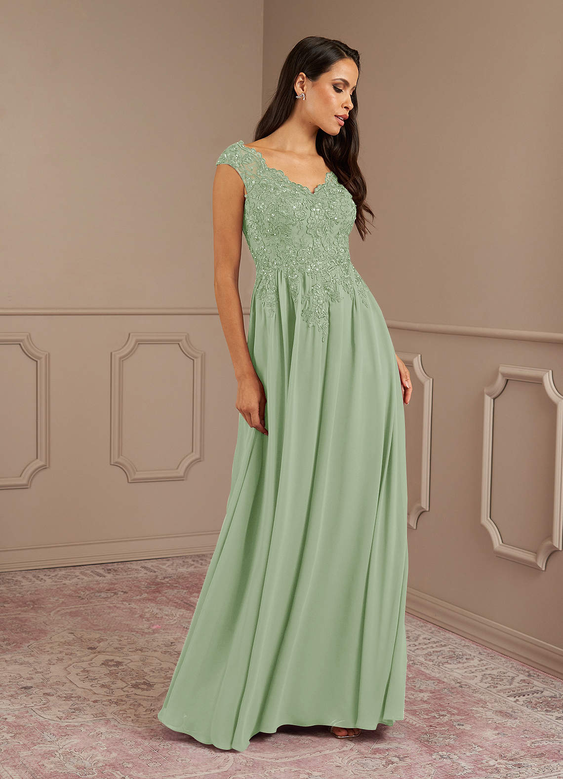 Amethyst A-Line V-Neck Chiffon Mother of the Bride Dress in Dusty Sage