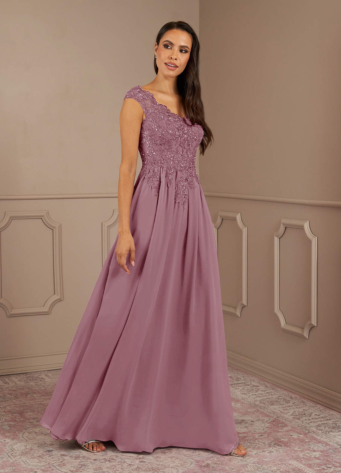 Amethyst A-Line V-Neck Chiffon Mother of the Bride Dress in Vintage Mauve