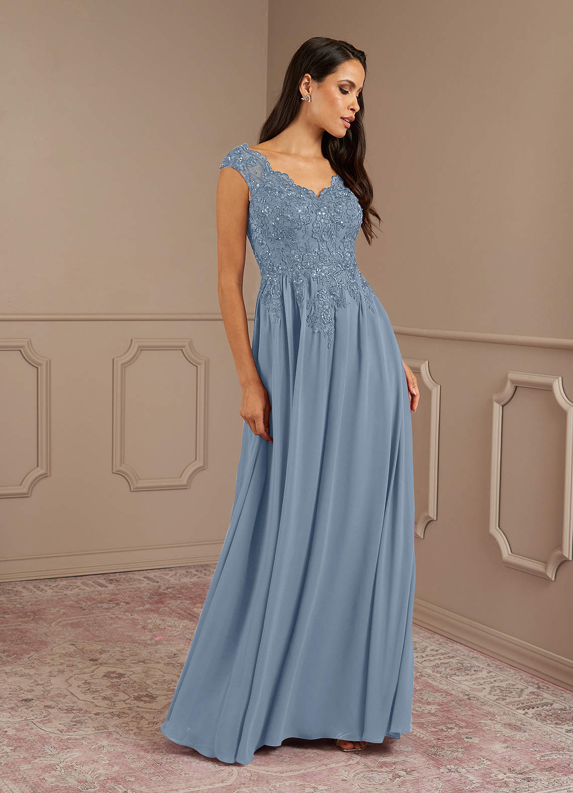 Amethyst A-Line V-Neck Chiffon Mother of the Bride Dress in dusty blue