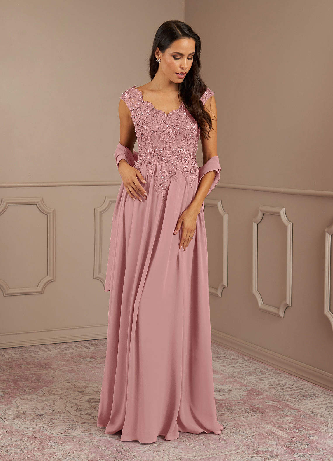 Amethyst A-Line V-Neck Chiffon Mother of the Bride Dress in Dusty Rose