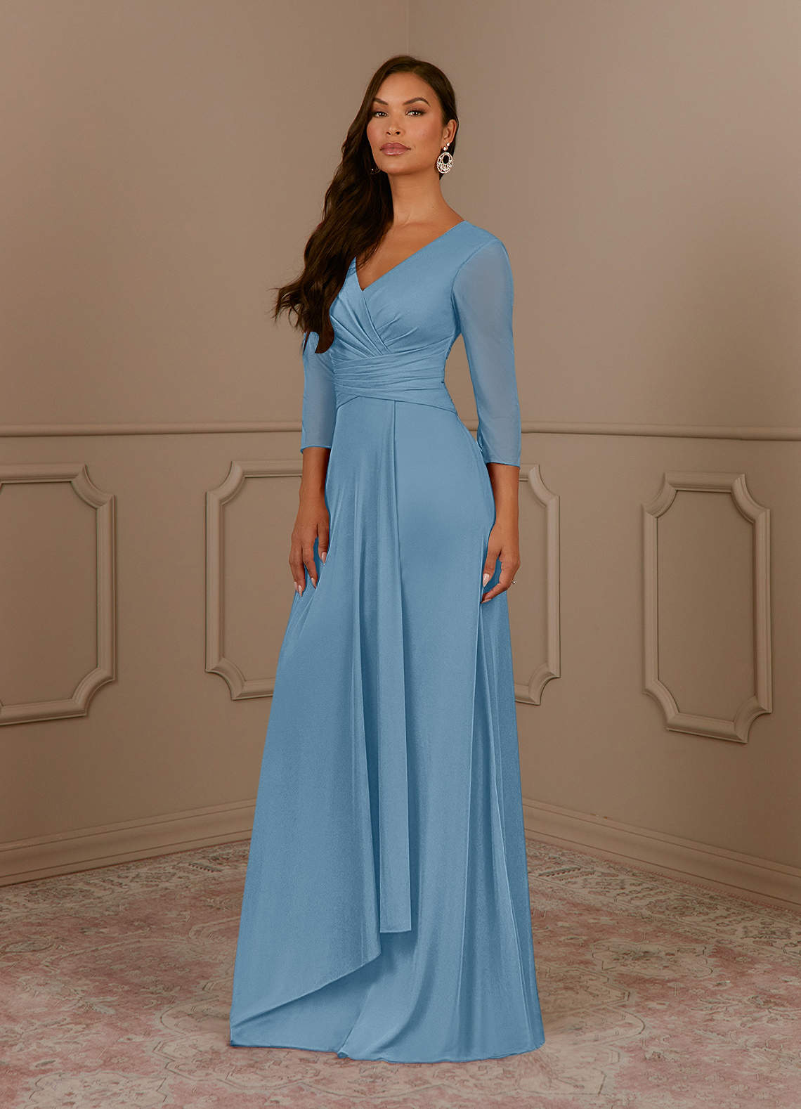 Annetta A-Line V-Neck Mesh Mother of the Bride Dress in Steel Blue