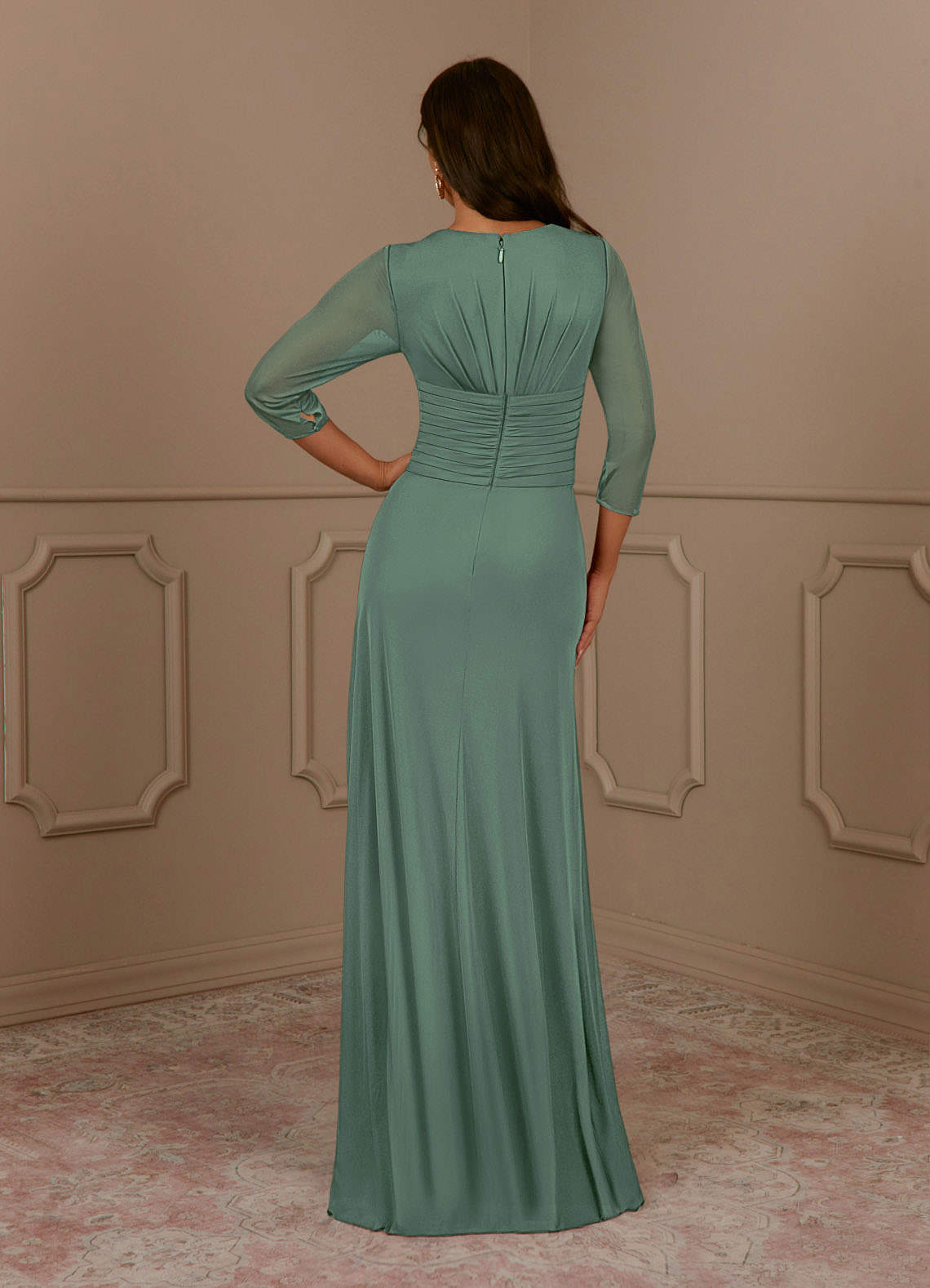Annetta A-Line V-Neck Mesh Mother of the Bride Dress in eucalyptus