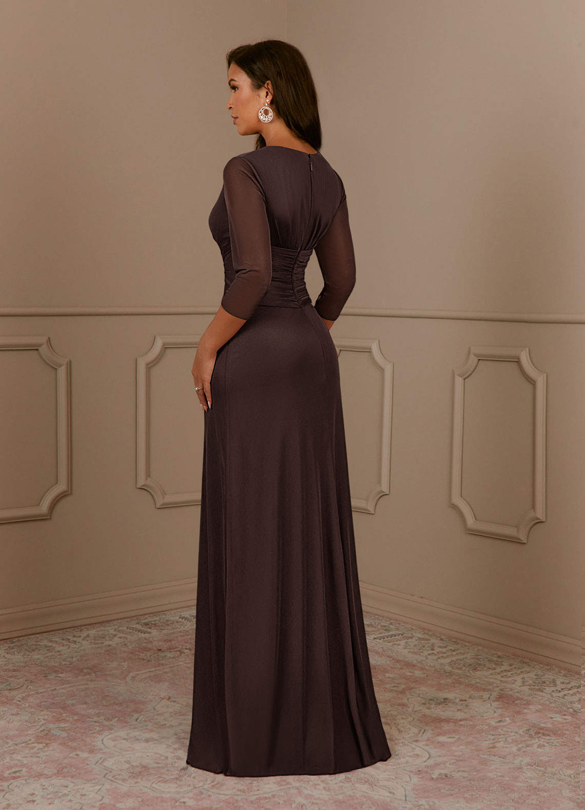 Annetta A-Line V-Neck Mesh Mother of the Bride Dress in Ganache