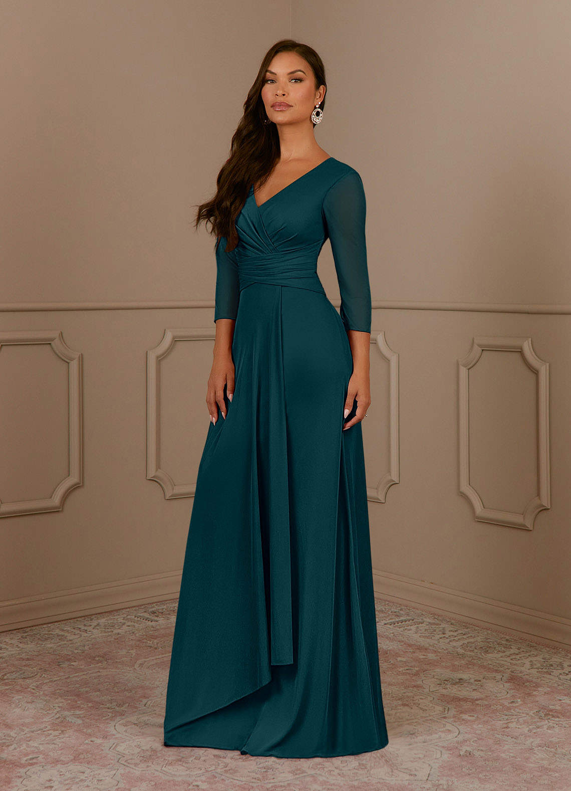 Annetta A-Line V-Neck Mesh Mother of the Bride Dress in Pine