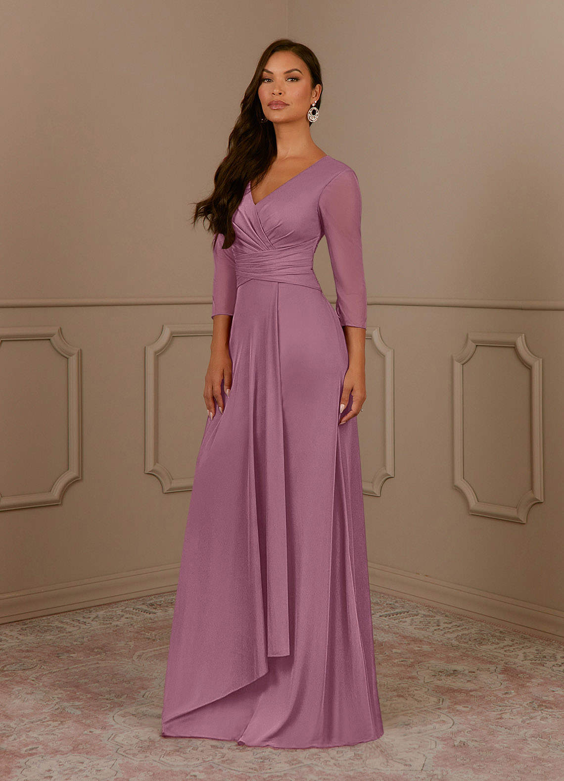 Annetta A-Line V-Neck Mesh Mother of the Bride Dress in Vintage Mauve