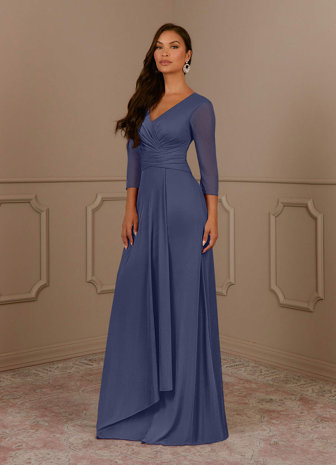 Annetta A-Line V-Neck Mesh Mother of the Bride Dress in Stormy