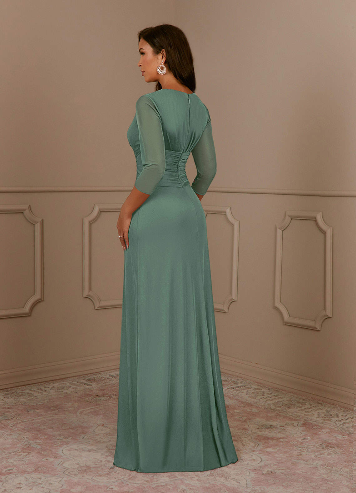 Annetta A-Line V-Neck Mesh Mother of the Bride Dress in eucalyptus