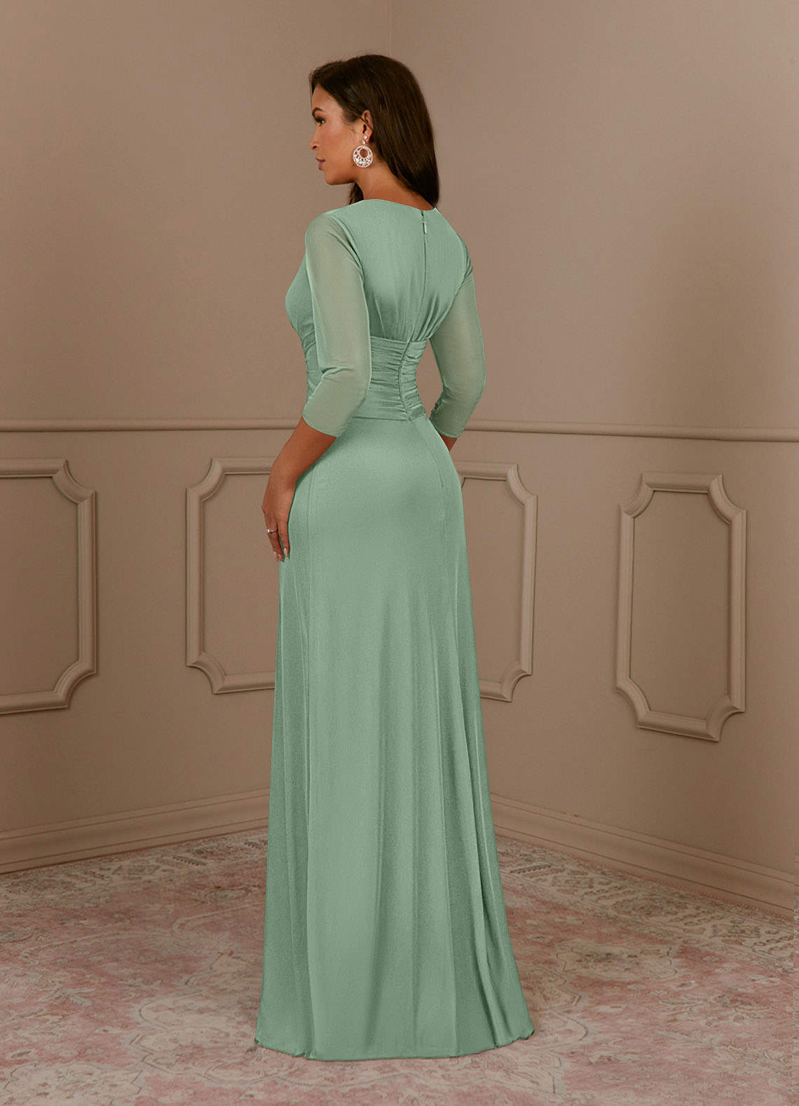 Annetta A-Line V-Neck Mesh Mother of the Bride Dress in matcha