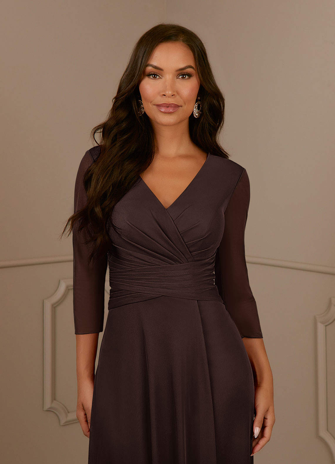 Annetta A-Line V-Neck Mesh Mother of the Bride Dress in Ganache