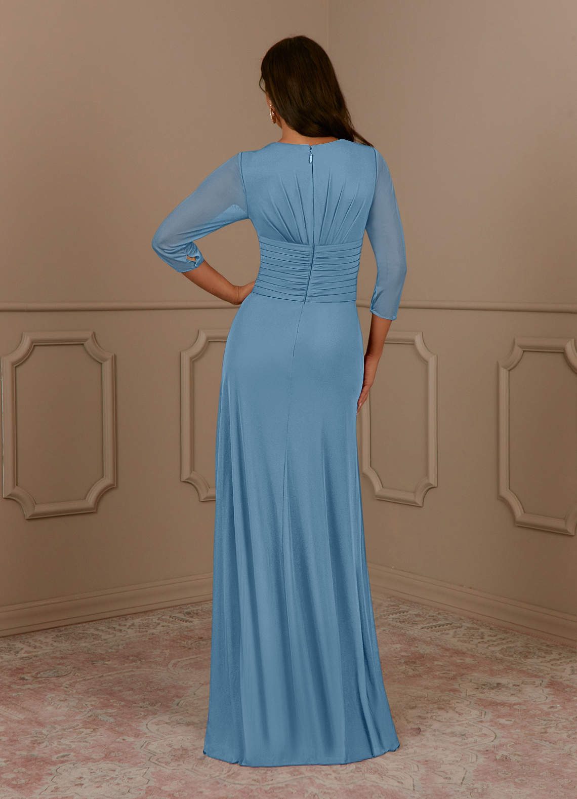 Annetta A-Line V-Neck Mesh Mother of the Bride Dress in Steel Blue