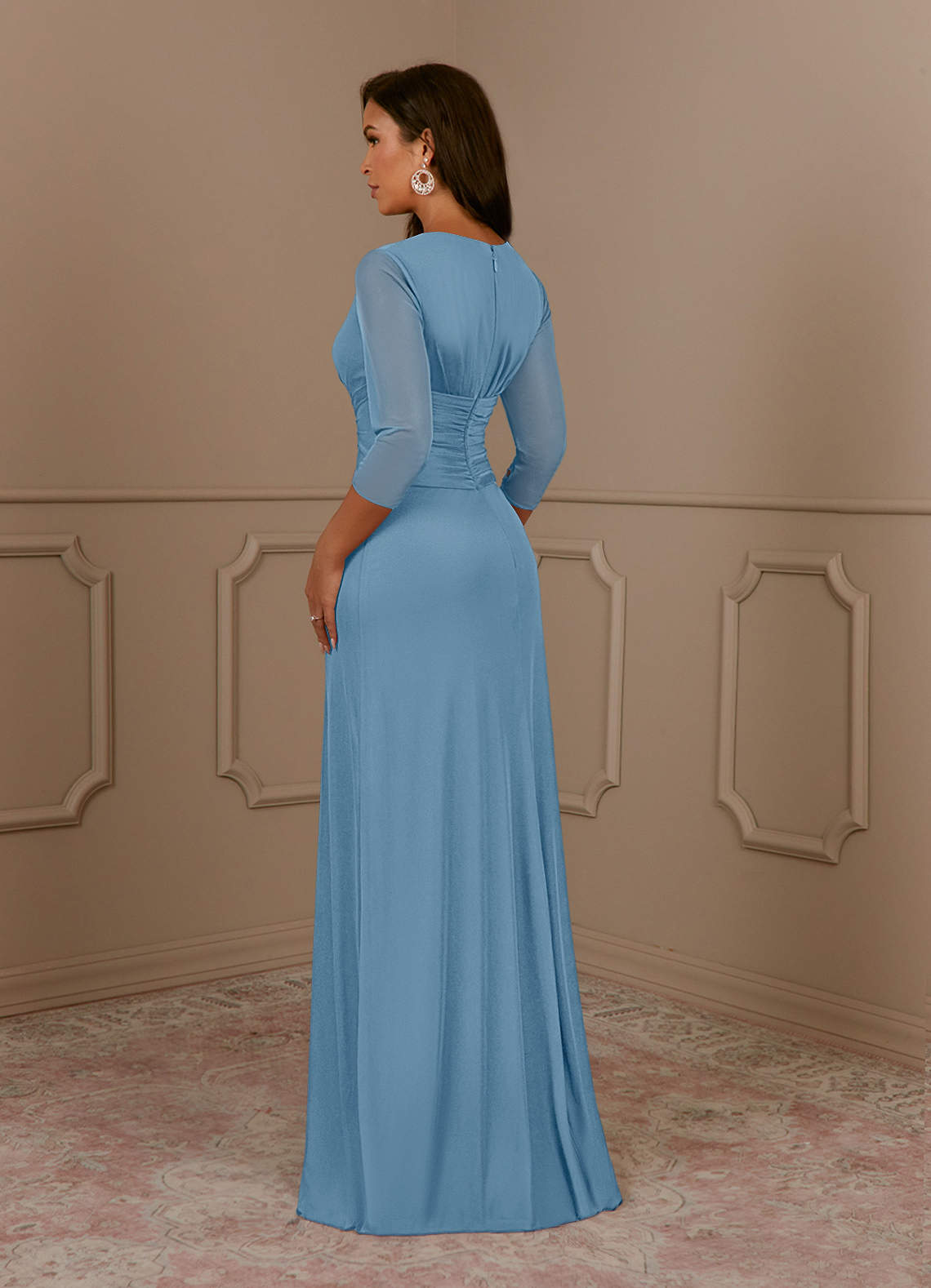Annetta A-Line V-Neck Mesh Mother of the Bride Dress in Steel Blue