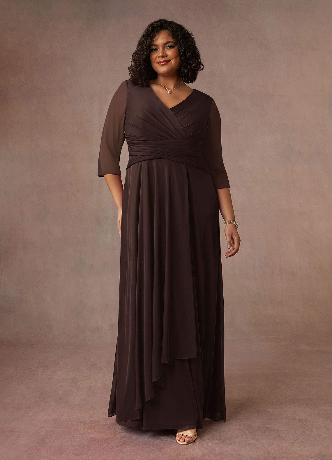 Annetta A-Line V-Neck Mesh Mother of the Bride Dress in Ganache